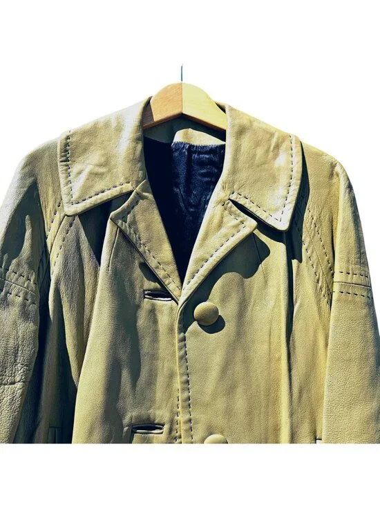 70s Light Yellow Green Leather Trench Coat Black Satin Lined Bespoke Women's M/L - Picture 12 of 13